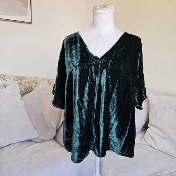 Madewell XL Dark Green Velvet Rhyme Top Boho Relaxed Fit V-Neck Blouse - Picture 1 of 10